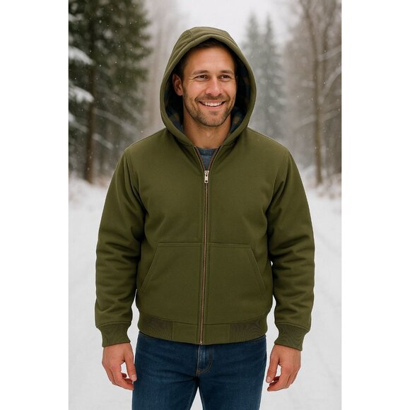 Woolrich Mens XXL Canvas Hooded Jacket Plaid Kangaroo Pocket Zipper Hoodie Green - Picture 10 of 12